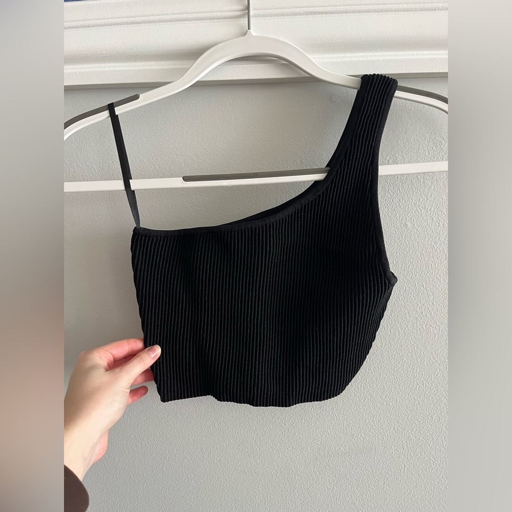Babaton Black Cropped Sculpt Knit Tank One Shoulder